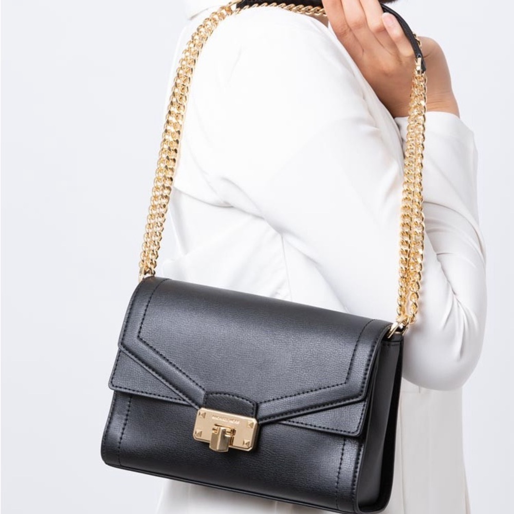 Michael Kors Kinsley Black Leather Crossbody Bag Gold Chain Classic Purse Medium - Picture 8 of 8